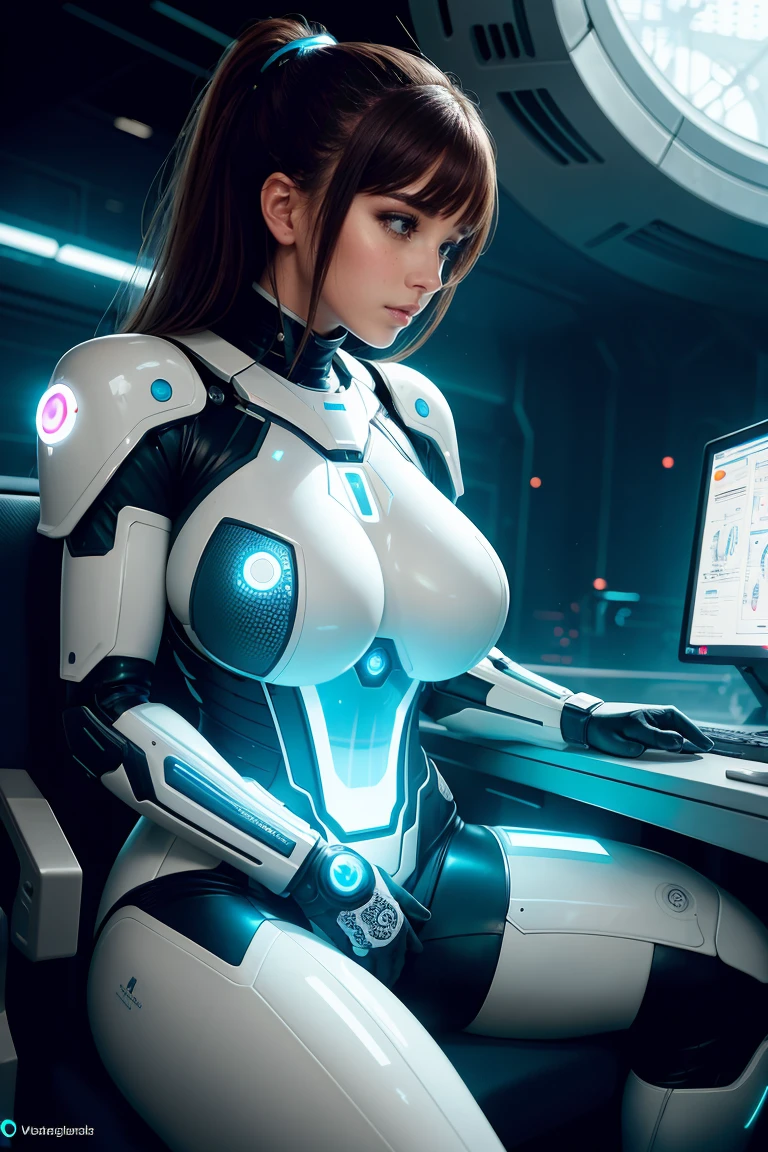 An office lady robot sitting on a chair and operating a computer In the office at night, nffsw, retinas, masutepiece, ccurate, Anatomically correct, Textured skin, Super Detail, high details, High quality, awardwinning, Best Quality, hight resolution