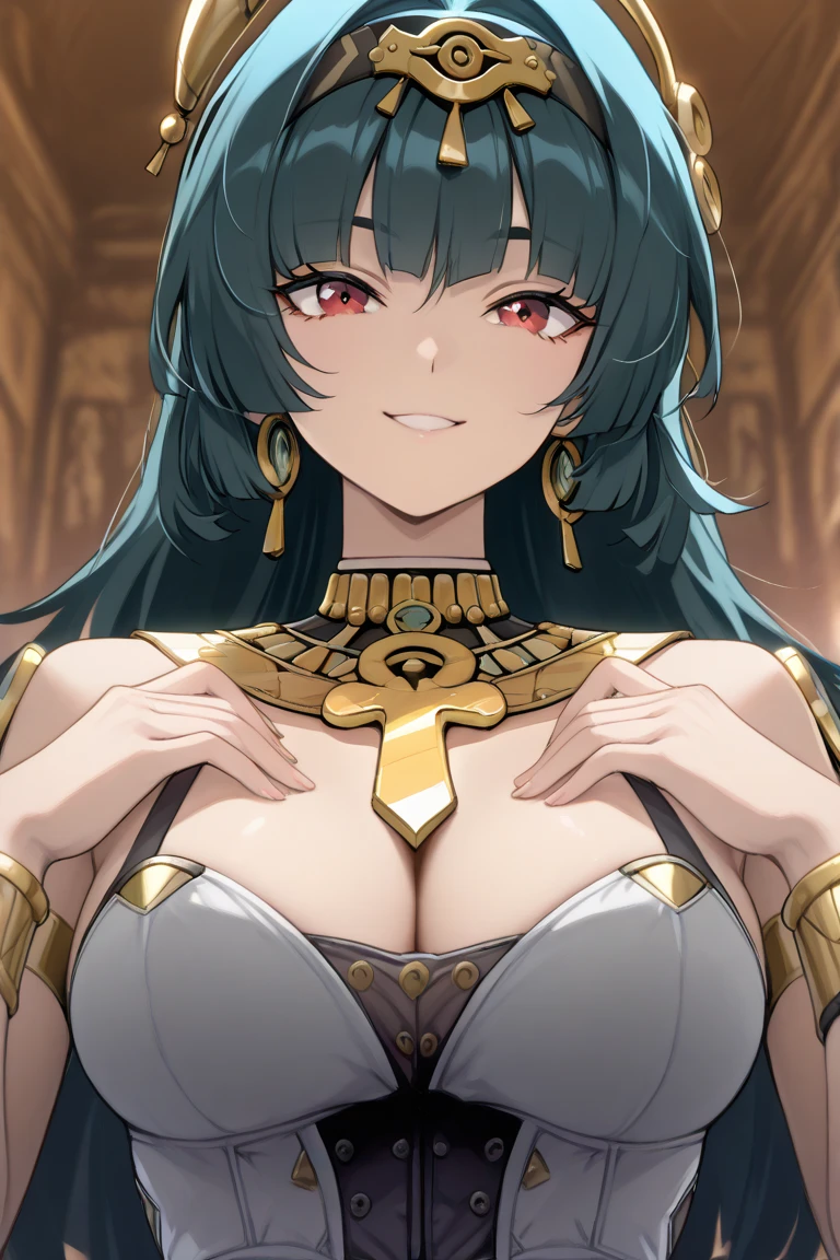 long, flowing brown hair that reaches down to the middle of her back. Eyes: Retains the same sharp green eyes,Build: Slimmer and more , though still athletic. Her new form is more agile and quick. Skin: tanned. Her outfit consists of delicate, thin chains and ornamental pieces that barely cover her body. A translucent purple veil covers her lower face, with intricate jewelry adorning her neck, arms, and waist. evil smile, subservient, large breast, egyptian style clothng