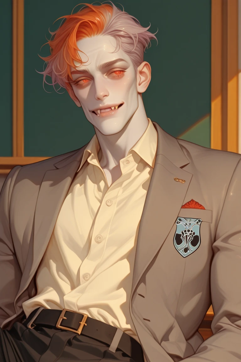 Young man of 25 years old with short and red hair, he has red eyes and wears glasses, he has extremely white skin and a light beard shaved to the chin. He wears a fancy red suit and has patent shoes. He has a scary smile. He has two unusually sharp canines. Face shows cruel air [Young man, 25 years old] [Red hair and course] [Red eyes] [Light beard shaved to chin] [Vampire smile] [Cruel look] 8K Photorealistic style