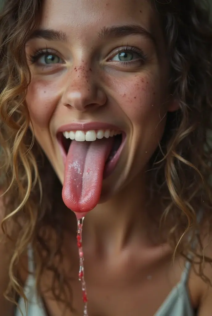 monstergirl, retro, ((piercing)), detailed skin, detailed teeth, ((fangs)), beautifully eyes, ((smiling)), winks, mucus, long tongue, snake tongue, saliva, cute face, crop top, yoga pants, sport skirt, free hug