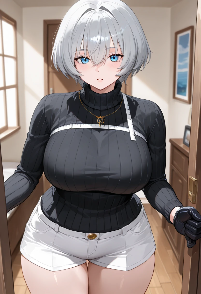 1woman, large breasts, tiny waist, medium ass, thick thighs, wearing exposed shoulders, wearing beige t-shirt, wearing white skirt, smiling, white hair, short hair, spiky hair, hair covering one eye, boue eyes,