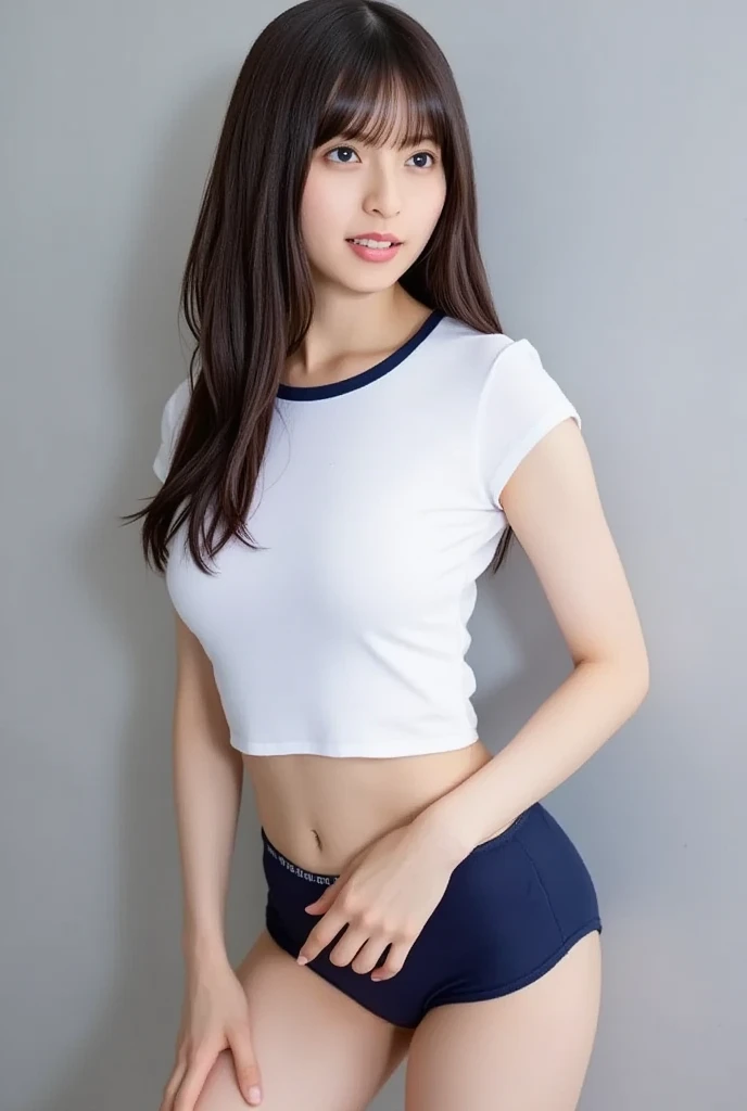 Are standing, front view, one girl, high school girl, 15 years old, pretty face, glowing skin, beautiful collar bone, beautiful body, park, From the crotch up, Sports shorts, short sleeves, belly button exposed