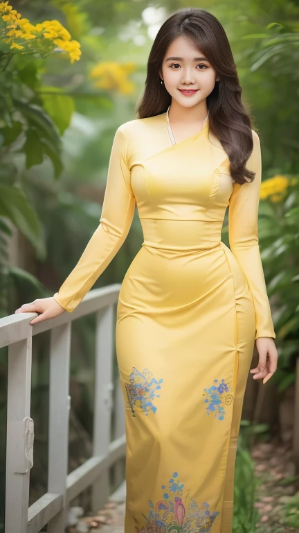 Burmese girl with attractive curvy full body.  Friends full-length bikini, (yellow 💛+black 🖤 dress)High hips, big hips reflective long dress painted with flower patterns, only dress.  hi gh hips  High resolution  High resolution  natural background  High resolution  HD  3D,  8K cartoon anime 