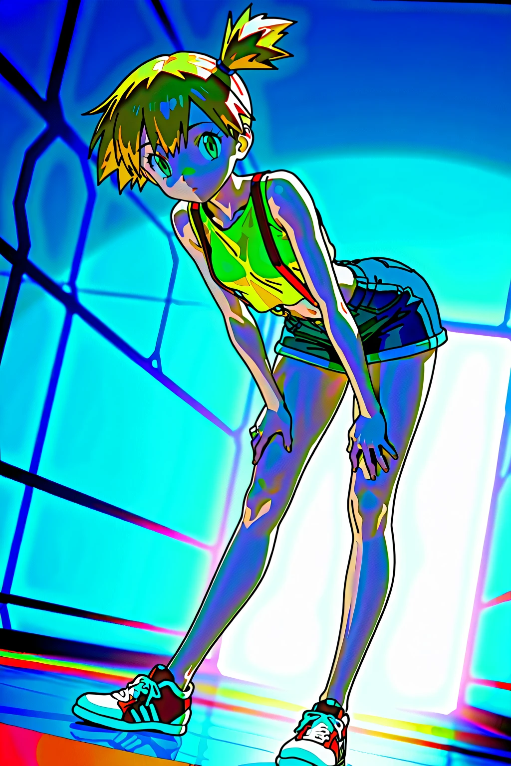 (Misty: 1girl, WITH, Green eyes, orange hair, bangs, side ponytail, collector, short hair, yellow shirt, sleeveless, abdomen, red suspenders, blue shorts, red sneakers),Alone, holding a Pokébola, Aquarium Gym,dynamic angle,Beatific,leaning forward ,(Tops,Exquisite facial features,warm lighting,ultra high definition), perfect body , Perfect lighting, (wide legs), (wide hips), perfect legs, show legs, ((full body)), CurV , detailed face and skin, perfect body , Perfect lighting Mirada entusiasta (((small breasts))), (((tiny ))) innocent expression
