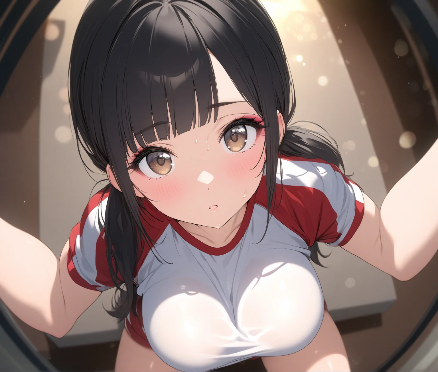 mastute piece,Best Quality,insanely detailed,8k cg,nsfw,
(shoot upper body:1.3),
(1girls:1.3),standing,looking at viewr,body in front,(both arms behind back:1.4),(volleyball wear:1.3,buruma:1.2),(bare breasts:1.4),(cutout nipples:1.4),break,
blush,shy,(ecstasy face),(trembling:1.2),break,(light brown hair:1.2),
break,
perfect breasts,(perfect teats:1.2),(open mouth:0.9),(large breasts:1.3),
(volleyball court:1.1),