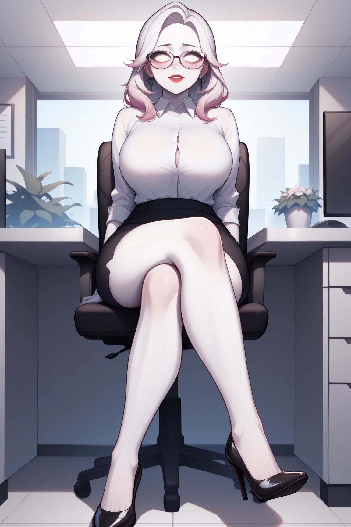 Office where many naked sheep girls work with glass dildos in their pussies