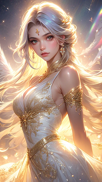 High resolution rendering, masterpiece, highest quality, high resolution, highest detail, 8k, (Photorealistic: 1.2), ((sharp focus)), 1girl, cowboy shot, dreamwave, smoke, aesthetic, vortex, beauty, small head , well-proportioned body of seven heads, even eyes, brown eyes, perfect proportions, huge breasts, thin waist, navel, big butt, gap between the legs, thighs, bewitching, sexy, erotic, (elegant), (Fractal Art: 1.2), (Zentangle: 1.2), Colorful, Crystal, Gold, Gentle Smile, Beautiful Face, Detailed and Perfect Face, Dynamic Pose, (Change Pose), (Dynamic Angle), Wind, Storm, Backlight , solar eclipse, long hair, trendy, depth of field, translucent, floating, (accurate anatomy body and hand), 4 fingers and 1 thumb,