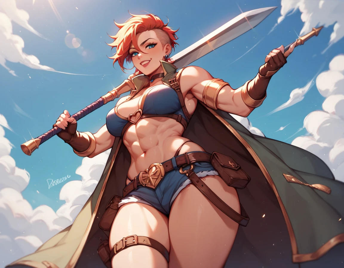 best quality, 4k, ((masterpiece)), extremely detailed, 8k, trending in ArtStation, intricate, high detail, sharp focus, detailed background, (fantasy city: 1.4), roof, 1girl, ground, navel, bow , (blond hair), red eyes, hair bow, red scarf, braid, short hair, small breasts, standing, looking at viewer, smile, midriff, cowboy shot, blonde hair, black bow, (very short bikini and sexy), gloves, brown gloves, (muscular legs), looking back, big ass