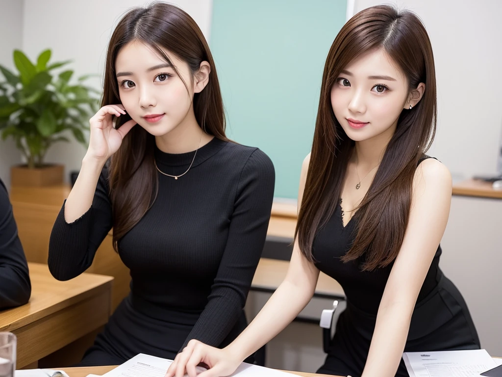 (8k, Ultra-high resolution, The best masterpiece, best quality:1.2), Very detailed, Complete Solution, (actual, actual photo: 1.37), portrait, Half Body, focus on eyes, HD RAW photos, career arrest, High quality and beautiful, 超高清 8k 影像照片, Volumetric lighting, Soft Light, confess, Professional photography, Very detailed的美麗女孩, Super delicate face shape, Contoured eyes, (Very detailed eyes), Precisely shaped nose, expressive lips, Delicate skin, (HD Skin:1.2), Neatly contoured fingers, Every feature is carefully displayed, a story, (20:1.2), Twenty generations, cute girl, young mother, Beautiful mature lady, brown hair, long, straight hair, sparkling amber eyes, red lips, Eye makeup, Cleavage, sit down, office secretary, luxury sofa, Take the cup, Standard office clothing, Women's suits and skirts, pantyhose and high heels, Modern office interior, perfect anatomy, Detailed background, HD background without blur, particle, actual, stunning details, 8k Ultra HD, high quality, CG unity, C4D Rendering, 3D Rendering