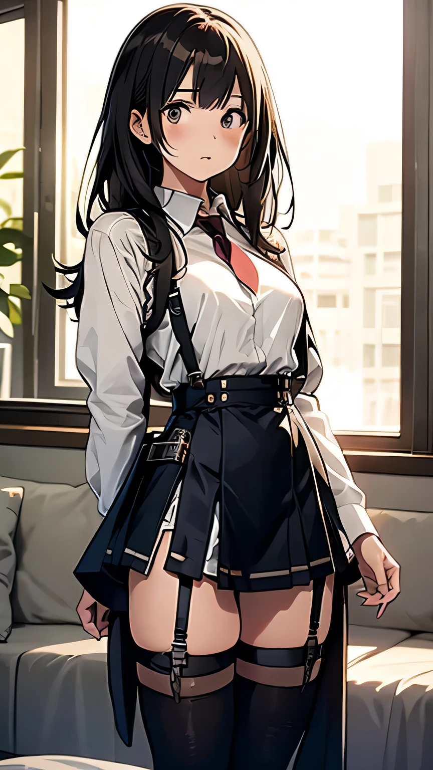 ((best quality)), ((work of art)), ((detailed)), woman with brown hair and bangs, in a doggy-style position, against a wall, skirt lifted by a man, who is taking her from behind