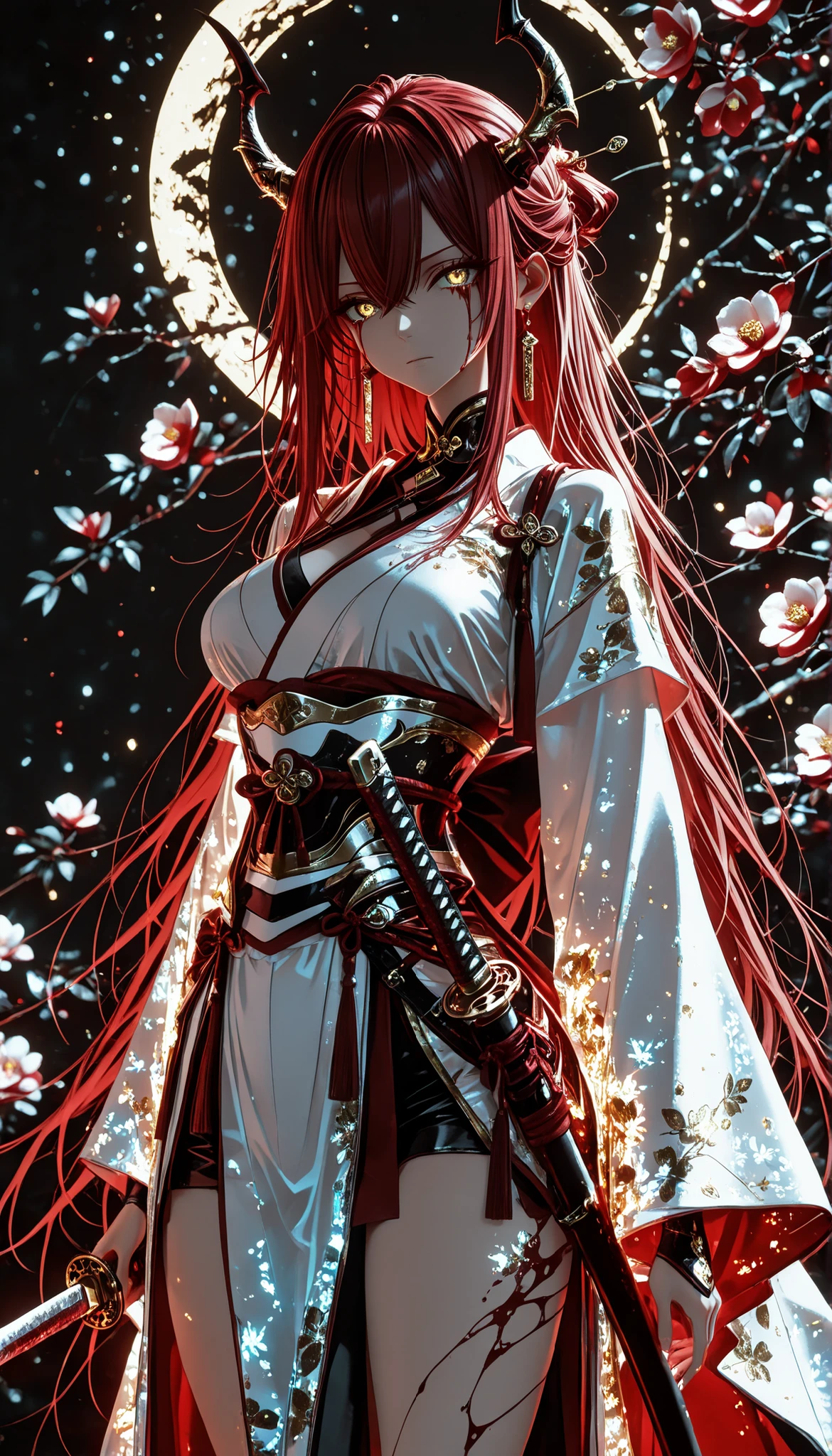 1 girl , golden eyes , very long hair , long sidelocks, red hair ,half updo, petite , very cute , beautiful ,Straight hair, cool, handsome, hair between eyes, sexy, medium breasts , blood tears, white kimono,  sengoku period, white warrior, white armor, sharp gaze, female warrior, beautiful, enchanting, alluring, white armored figure, demon horns, katana, messy hair, beautiful eyes, camellia flower, monochrome, greyscale, 748cmstyle, high quality, best quality, ultra details, amazing, stunning, illustration, glitter aesthetic, glowing kimono, japanese clothes, obi, traditional hair pin, floral print, 4k, 8k, Ultra HD, Masterpiece, Best quality, Detailed Illustration, 8k wallpaper, detailed outfit, background sakura trees
