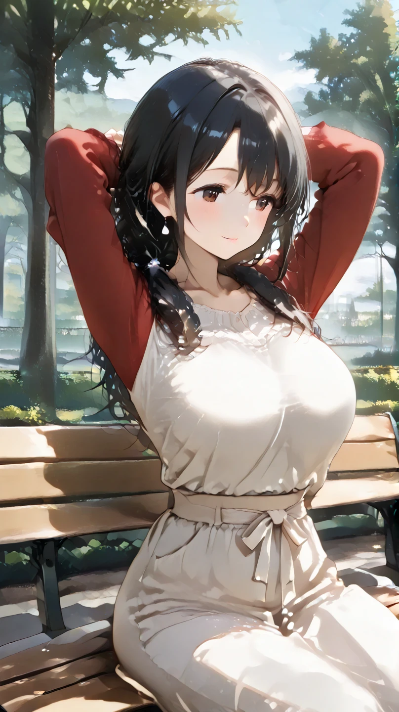 (1girl:1.3, solo), (bikini model), (upper body:1.3), (sitting on park bencht:1.3, photo session:1.3), (spread legs:1.3), (hands between legs:1.3), (random posing:1.3), BREAK, 1girl, solo, milf, European girl, hot model, (attractive model:1.37), (promotional model:1.2), highly detailed eyes and pupils, realistic skin, ((attractive body, gigantic breast:1.38, sagging breast:1.8, disproportionate breasts:1.38, thin waist:1.15)), ((bobble ponytail:1.3), (shiny-black hair:1.3), extremely detailed hair, delicate sexy face, sensual gaze, shiny lips, BREAK, (crimson-red high-neck sweater:1.3, long-sleeve), (white box-pleats skirt:1.3, knee-length skirt:1.3), (sneakers:1.3), detailed clothes, BREAK, (blurry background:1.25, simple background, no-human background, detailed background), (under sunset:1.37), BREAK, (attractive posing), ((realistic, super realistic, realism, realistic detail)), perfect anatomy, perfect proportion, bokeh, depth of field, hyper sharp image, (attractive emotion, seductive smile:1.2, happy:1.2), 4fingers and thumb, perfect human hands, wind, BREAK, (Masterpiece, best quality, photorealistic, highres, photography, :1.3), ultra-detailed, sharp focus, professional photo, commercial photo,