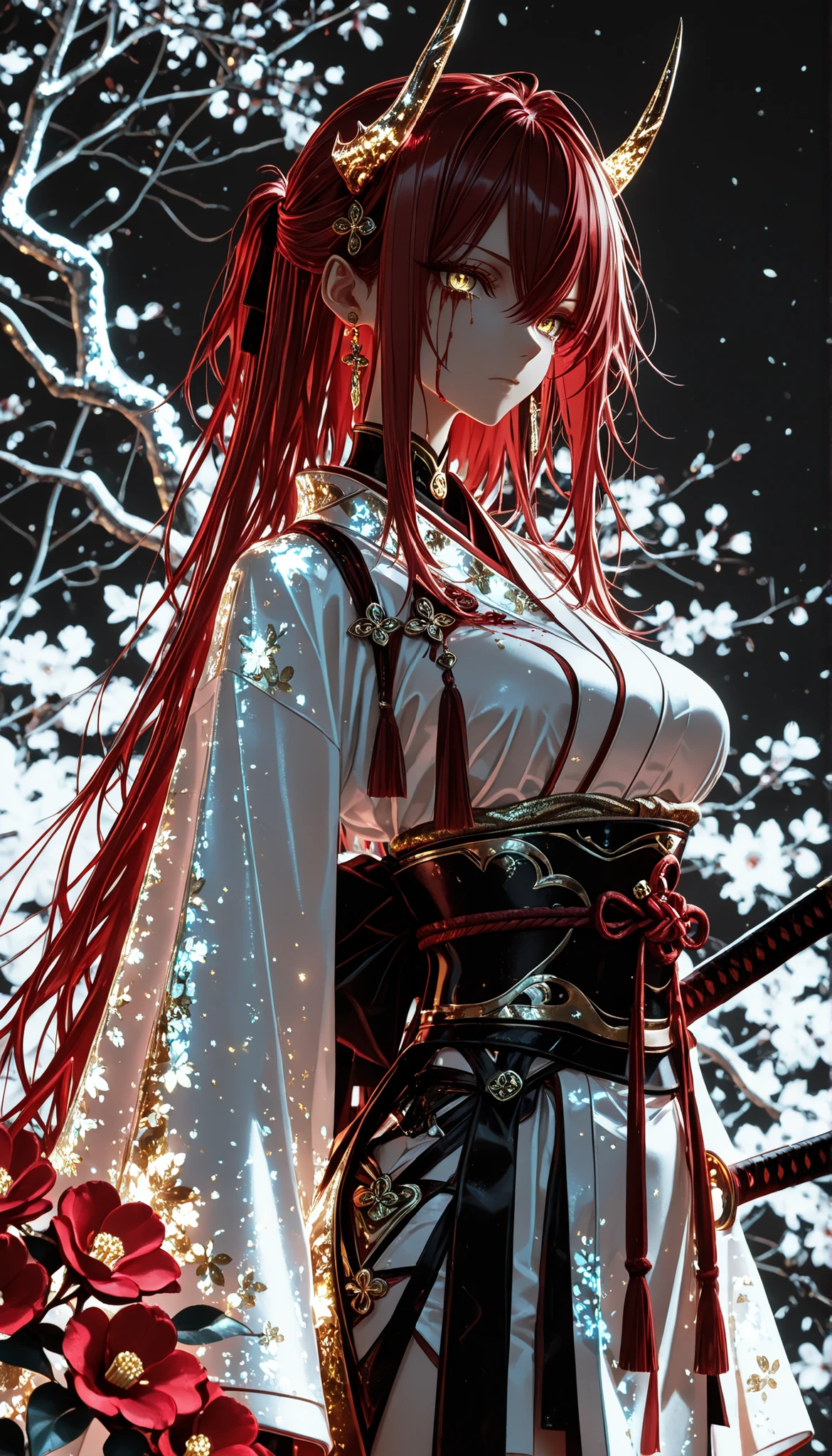 1 girl , golden eyes , very long hair , long sidelocks, red hair ,half updo, petite , very cute , beautiful ,Straight hair, cool, handsome, hair between eyes, sexy, medium breasts , blood tears, white kimono, sengoku period, white warrior, white armor, sharp gaze, female warrior, beautiful, enchanting, alluring, white armored figure, demon horns, katana, messy hair, beautiful eyes, camellia flower, monochrome, greyscale, 748cmstyle, high quality, best quality, ultra details, amazing, stunning, illustration, glitter aesthetic, glowing kimono, japanese clothes, obi, traditional hair pin, floral print, 4k, 8k, Ultra HD, Masterpiece, Best quality, Detailed Illustration, 8k wallpaper, detailed outfit, background sakura trees