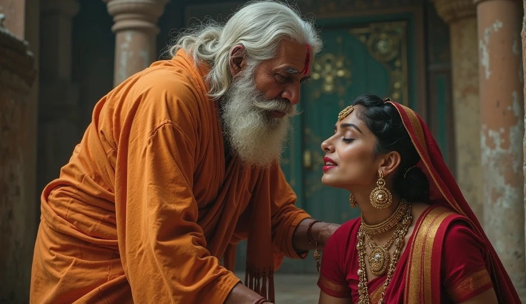 Create an image of an elderly priest in the temple, wearing Indian Hindu traditional priestly red robes. He raises a hand slightly, interrupting the conversation between Veer and Aastha (husband and wife). His expression is patient but firm, indicating his deep religious faith and commitment to the rituals being performed. He was angry on husband and wife. He is wearing hindu mala not plus sign....baba ke chehre par gussa hona chahiye... Veer aur aastha dono photo me ho
