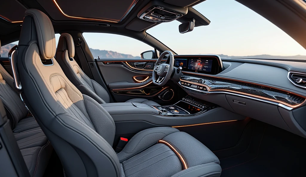 Beige car interior, with leather seats and blue led lights