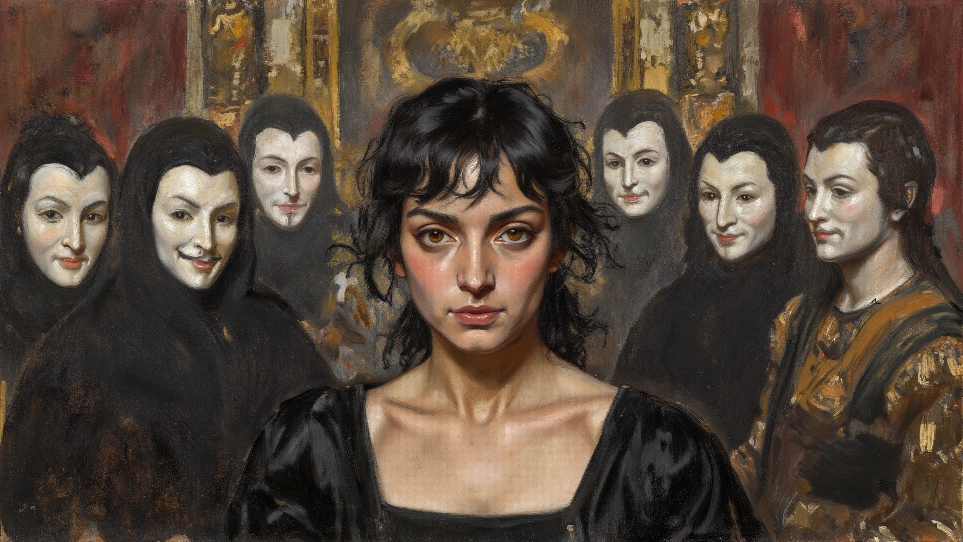 una joven bruja con demonios a su alrededor. oil on canvas caravaggio style