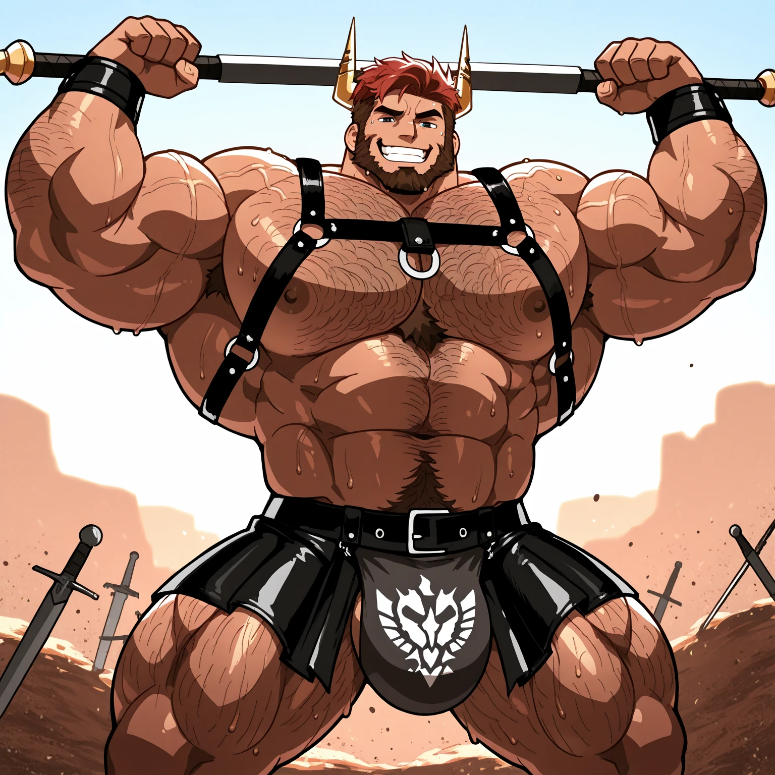 Sexy furry young anthro bovine male, gay, kinky, muscular model male apperance, sexy furry warior, headband shagy shag hairs, worn out skimpy leather armament, low on hips leather belt with worn out skimpy brown leather jockstrap, leather heavy harness armor, leather bondages, leather anthro feet boots, fingerless leather gloves, blooded curved sword in hand, dirty playfull smile, desert battlefield, standing in sexy fighting position, close view of full character