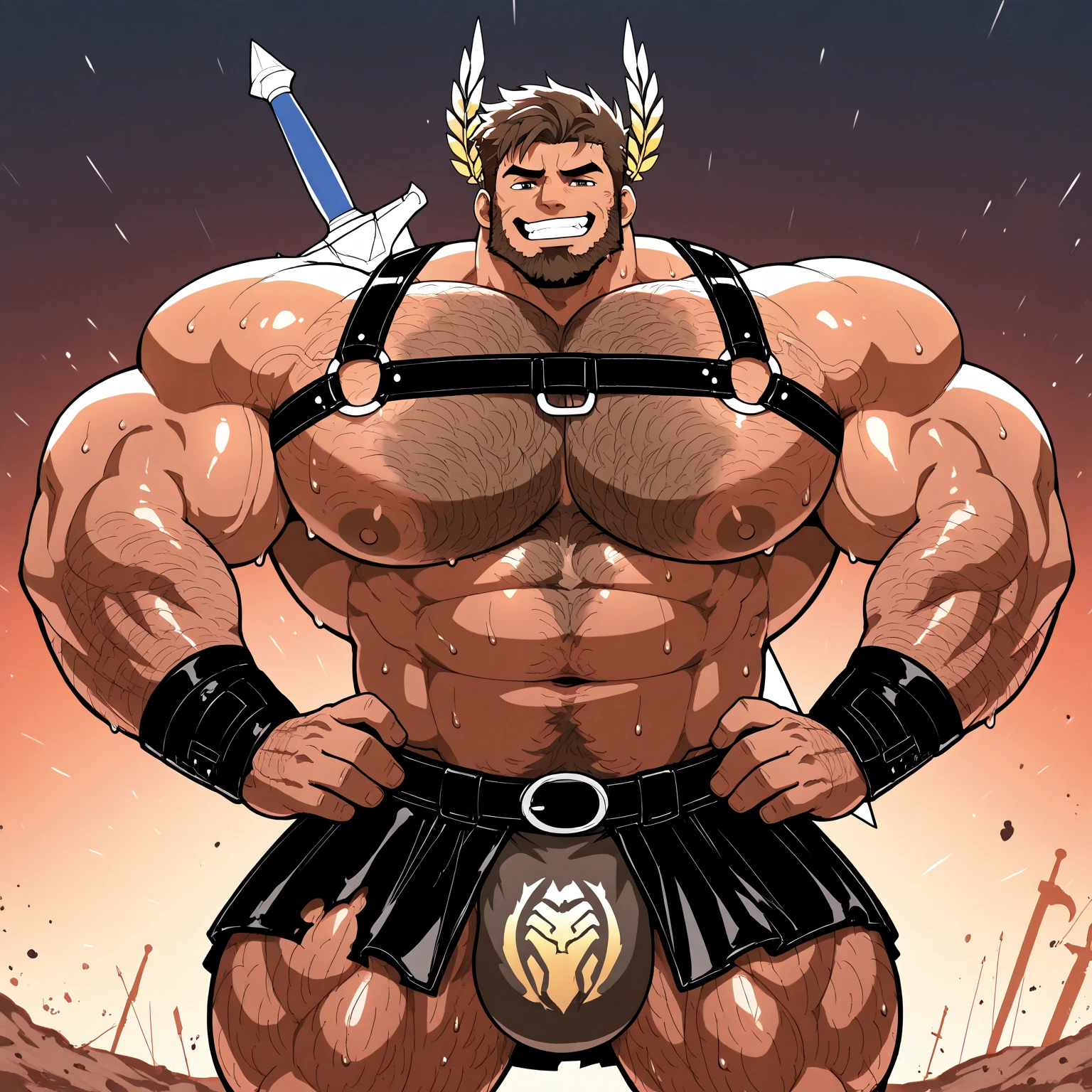 Shango orisha male muscle big massa beefy strong Man fat handsome longhair background volcano, holding two axes, big dick