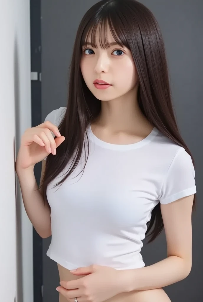 White T-shirt、Raise your arms、room、Small breasts、slender、Long Hair、night