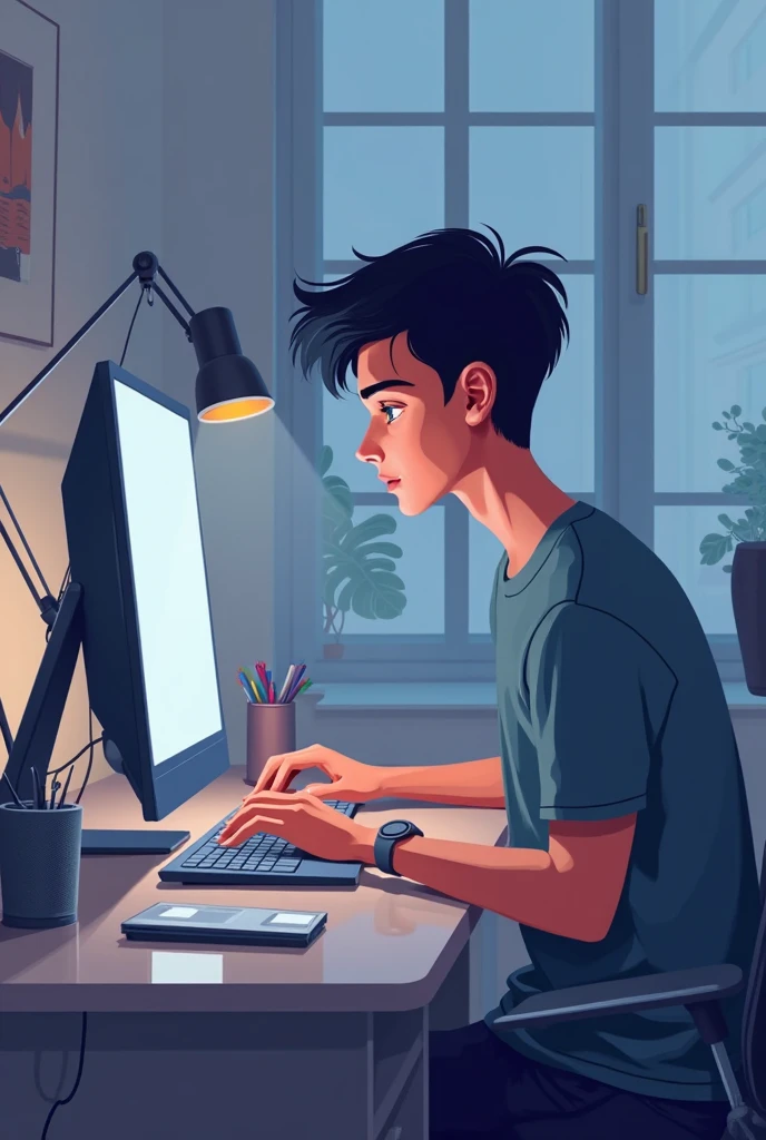 Teenager man sadly looking at the computer after seeing that his other classmate has done coverrrbullyng to him. not so realistic drawing design