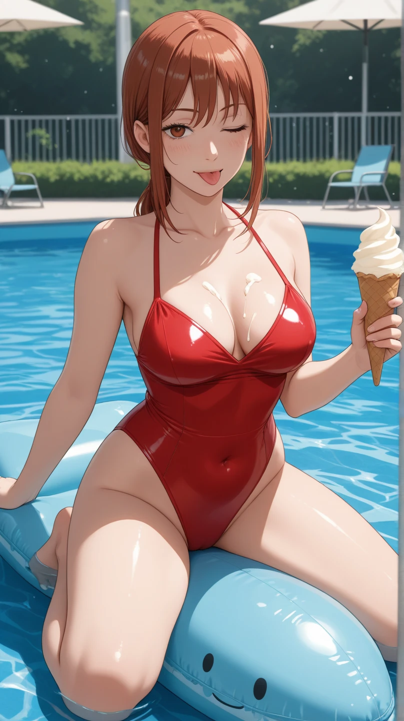 ((hdr, highest resolution, best quality, beautiful, raw image)),1girl, , red hair, star hair ornament , (blushing:1.1), shy smiling, blue eyes, full body, slender, (large breasts), thighs, red bikini wear,  outdoor pool side, siting, ((have ice cream)), 