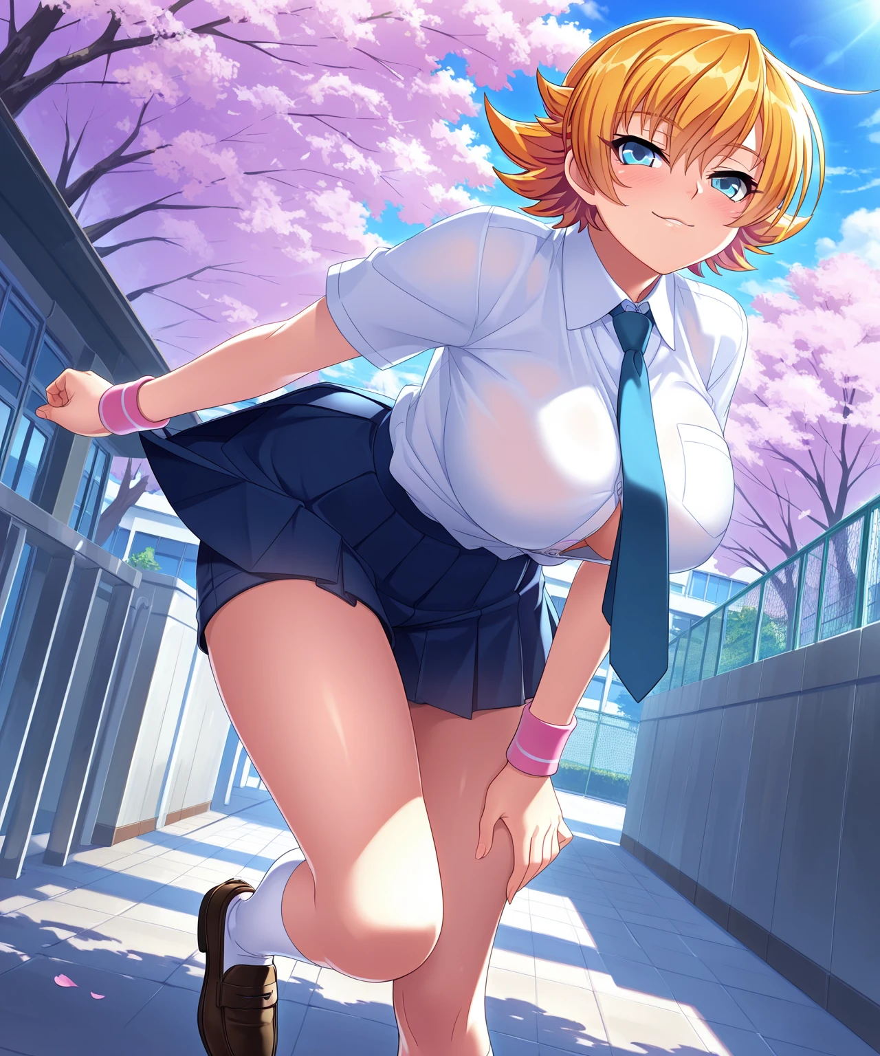(masterpiece, best quality, detailed), 1girl, solo, outdoors, garden, rose, grass, sunlight, day, blue sky,
standing on one leg, one eye closed, smile, open mouth, cowboy shot, dutch angle,
igawa sakura, school uniform, white shirt, blue necktie, pleated skirt, bike shorts, shorts under skirt, wristband, white socks, loafers  <lora:IgawaSakuraV1_1-000013:1>  <lora:more_details:0.5>