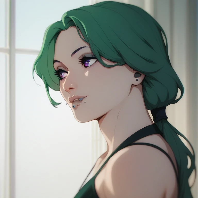 um close up de uma mulher em um vestido verde prateado com uma flor dourada vermelha em seu cabelo, rosto de uma americana, cabelo branco, olhos negros, batom verde, musculosa, bunda grande, mostrando a bunda, de quatro, Succubus em vestido curto apertado, elegant cinematic pose, character is in her natural pose, tracer in a skintight dress, Lockhart, Retrato sedutor Lockhart, thicc, Lockheart glamourosa, Cinematic Goddess Body Shot, corpo perfeito sombreado realista --auto