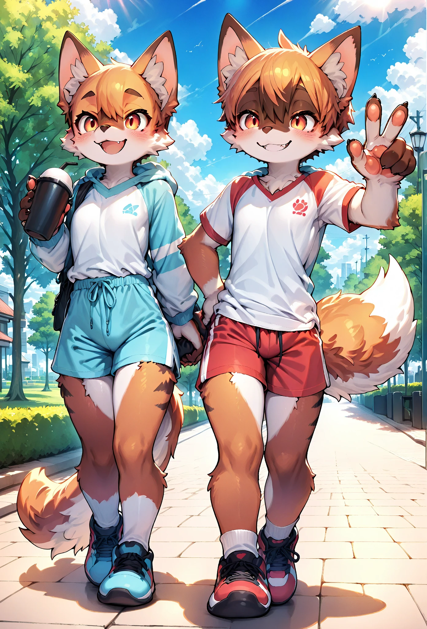 fox boy,Street style clothing,8k resolution, Walking through town,It's bright outside,sunny,,Age is 15 years old