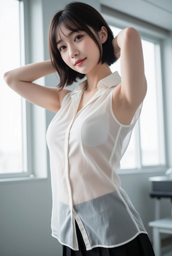 ((of the highest quality, 8K, masutepiece: 1.3, Raw photo)), Sharp Focus: 1.2, (1 AESPA Girl :1.1), Solo, (Realistic, Photorealistic: 1.37), (Face Focus: 1.1), Cute face, hyperdetailed face, (short messy hair: 1.2), Small Smile, Small breasts, flat chest, nude, (white chiffon shirt, check skirt: 1.1), sitting, chiffon panties, from below, classroom, flower, Cattleya