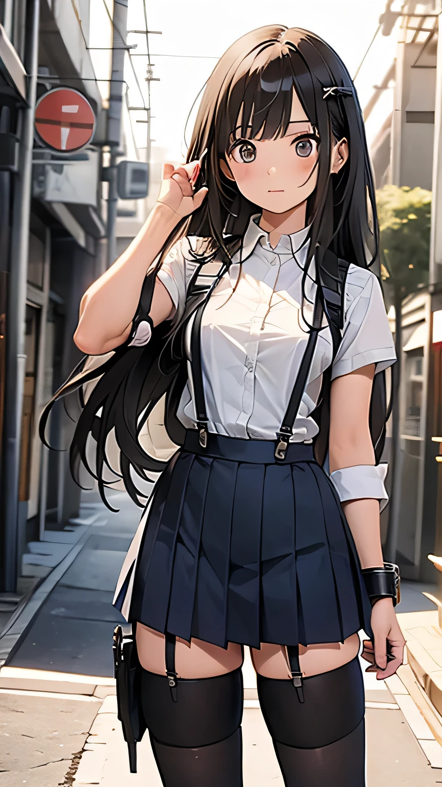 girl,cute,long hair,blue eyes,Skin color,blue black hair,Wearing a western ,light pink cheeks,rose colored lips,Curly eyelashes,Good shape,Medium bust,ใส่กระโปรงลายสก๊อตสั้นเหนือเข่า,ยิ้มอ่อน,พื้นหลังสีขาว,ยืนหน้าตรง,ตัวตรง,สไตล์มังฮวา