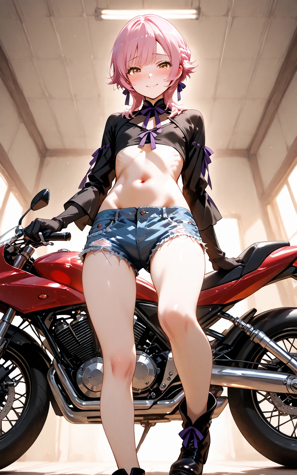 beautiful girl. beautiful body. Shirts and underwear. black short coat. long hair. pink hair. ponytail. motorcycle. naked.  
