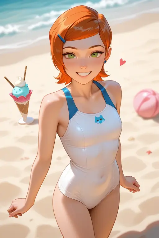 Gwen Tennyson, girl, young, looking at you, flat chest, detailed face, detailed eyes, detailed body, perfect lighting, perfect shadows, perfect eyes, perfect hair, perfect face, gorgeous body, detailed hands, glistering body, shiny body, spectacular effect, :3, solo, ((blue wet frilly underwear)), beach, clear sky, down angle, sexy pose, nipples, penis bulge (dildo in mouth)