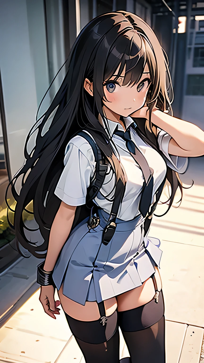 brown hair、looking at the viewer suspenders Bulging big breasts Black miniskirt garter belt knee high socks Gaze small face bangs Beauty hands up Gaze black boots provocation armpit sweat one person put your hands behind your back cutter shirt Panty shot ginka
