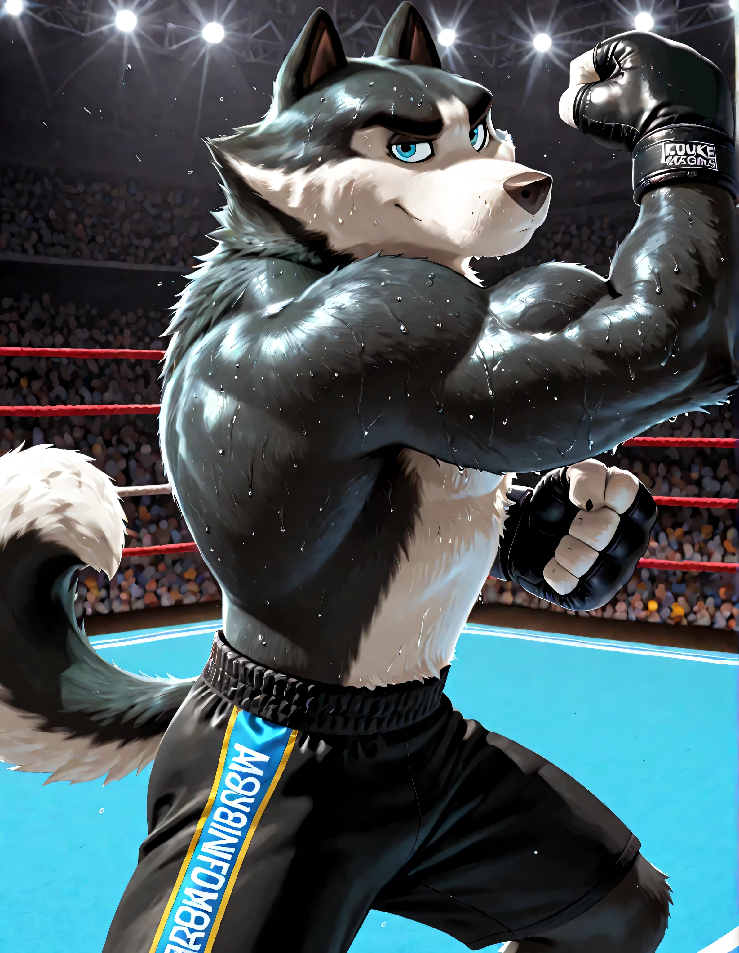 Duke (Arctic Dogs), anthro dog, black fur, white fur, male, blue eyes, high quality, half body, solo, fighting arena background, thick arms, thick legs, muscular, shirtless, black MMA UFC shorts with blue slits, MMA gloves with knuckle pads, fingerless gloves, action pose, boxing stance, championship, stern face, wide stance, looking at viewer, (sweaty body, glistening fur, glistening body), bicep, flexing, side view