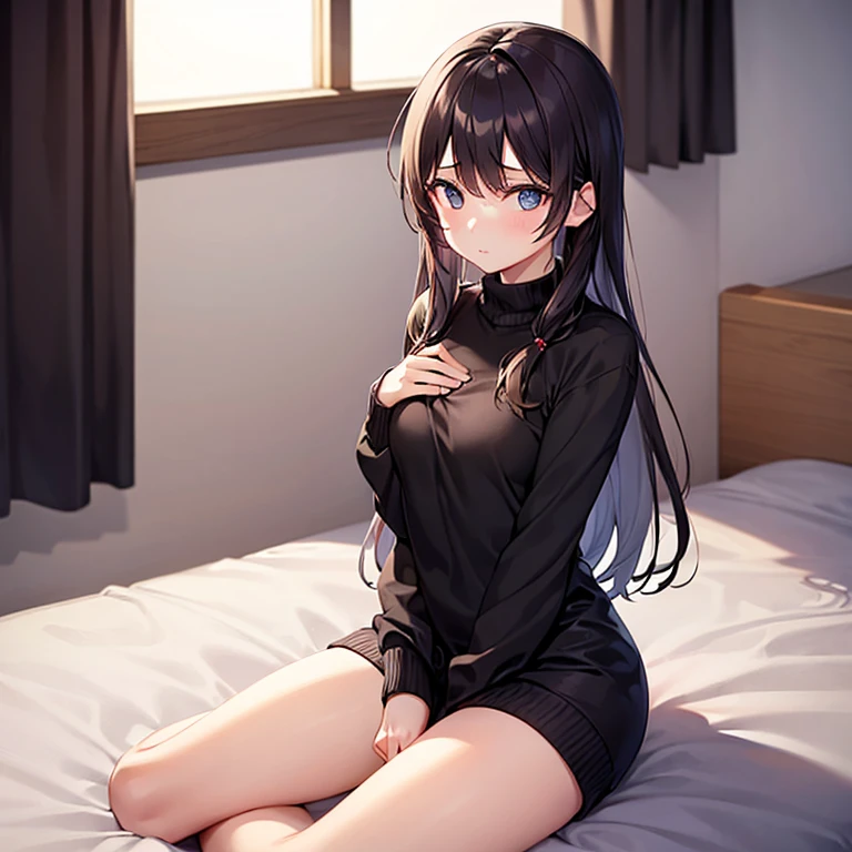Digital Art, Digital Illustration, Ultra-detailed, beautiful image, Sharp Image, a close up of a woman in a short skirt and a black t-shirtr, shirt tucked into skirt, nylon tights, trending at cgstation, anime barbie doll, sweater tucked into skirt, trending on cgstation, anime vtuber full body model, ((black hair color)),((dark tanned skin)), (((golden eyes))), (16 years old), (round breasts), on bed