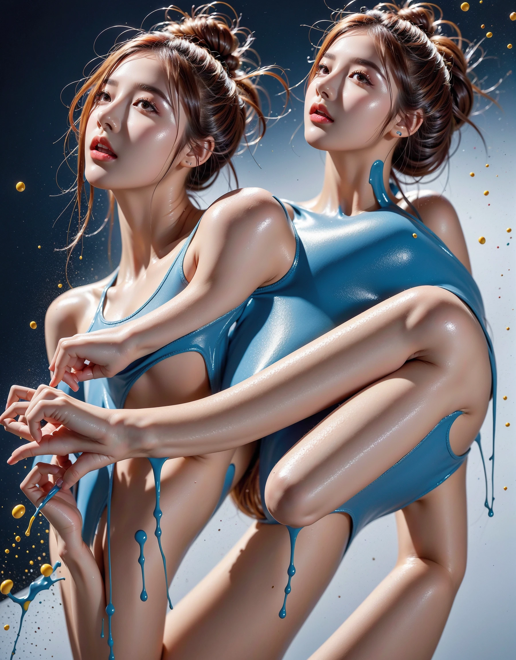 Musical notes dancing in a ballet around a ballerina, forming dynamic and elegant shapes in three-dimensional space.