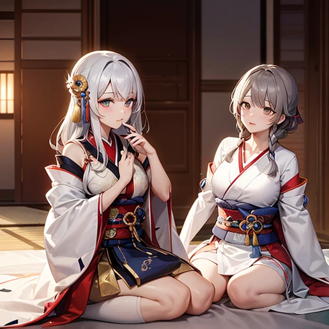 kiyohime, kiyohime, Gray Hair, Dragon Girl, dragon horn, horn,, (Red eyes:1.5),,Scruffy yukata,beautiful,Angle from the front,Sitting
