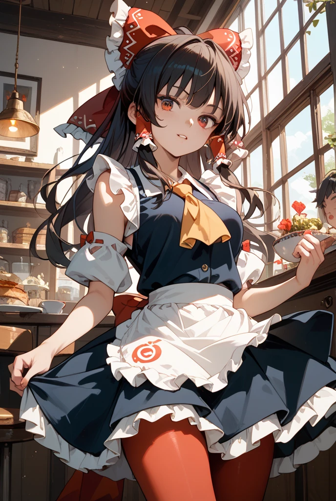 1girl, nekomiya mana, ponytail, forehead mark, hair ribbon, solo, maid, maid headdress, maid apron, smile, embarrassed, pantyhose, open mouth, parted lips, cowboy shot, bar \(place\), indoors, depth of field, smug, open mouth, looking at viewer