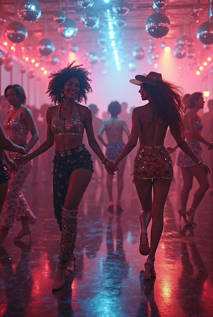 1970s, 2 beautiful multiracial women dancing, psychedelic atmosphere, cinematic action, masterpiece, super detail, textured skin, atmospheric perspective,
