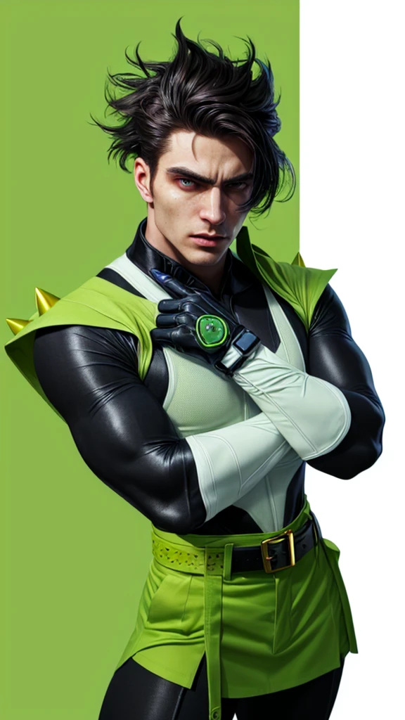 An original superhero who wears white spandex, green vest, green gloves and a golden belt. He has green mechanical wings under his arms. Ultra realistic cinematic photograph