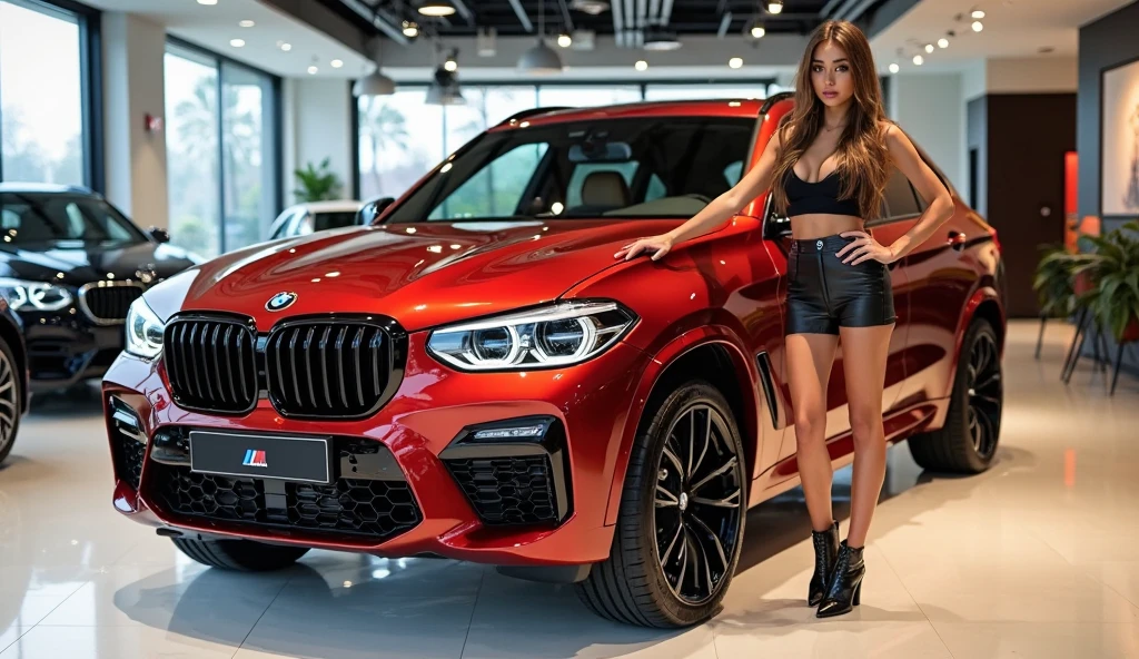 Create an image of a sexy woman in a tight red latex suit posing on the hood of a red BMW. The setting should be stylish and modern, with the car parked in an upscale, urban environment, perhaps at night with city lights in the background. The woman should exude confidence and allure, with her pose accentuating the sleek lines of both her latex suit and the car. The overall image should be bold and captivating, highlighting the contrast between the sensuality of the woman and the elegance of the car