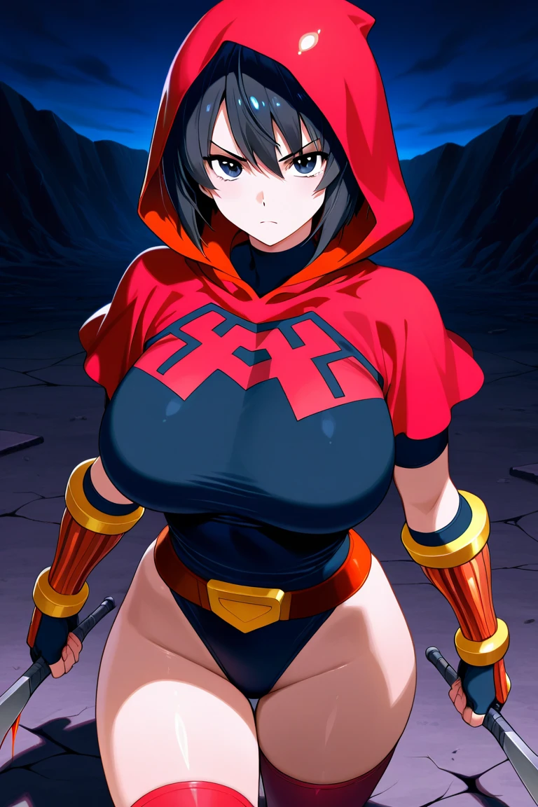 (tanned girl),(red bikini),(black hair),(bangs covering one eye),(yellow irises),(red cape with hood),(wearing hood),(black long gloves),(black boots),(big breasts),vivid colors,sharp focus,colour tone:black and red,lighting:soft and warm light, smug expression, fierce expression, muscles