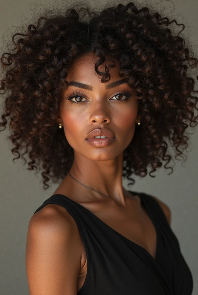 Femme métisse réaliste avec beaucoup de cheveux ondulés et des rondeurs au niveau des formes et un gros cul parfait 
