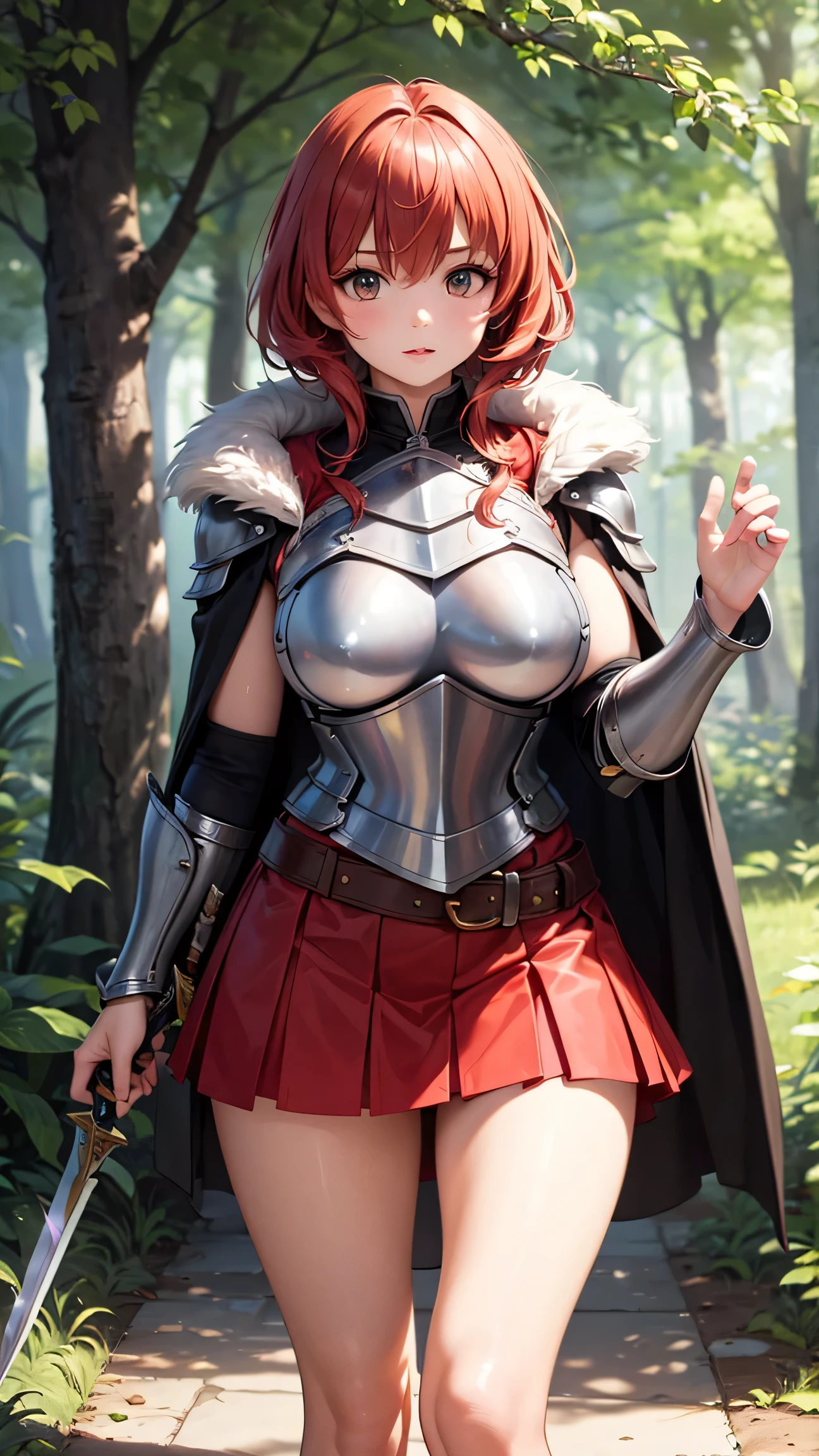 (ultra realistic,32k, masterpiece:1.2),(high detailed skin:1.1),( high quality:1.1),
<lora:erza scarlet v2-lora-nochekaiser:0.8>erza scarlet, long hair, (red hair:1.5), hair between eyes, brown eyes, skirt, thighhighs, cleavage, boots, belt, sword, cape, armor, gauntlets, greaves, knight,,(looking at viewer, portrait:1.1),, (huge breast,large breast,:1.1),<lora:add_detail:0.83>,
(soft shaded:1.1), frostbite forest, frost-covered trees, icy paths, realm of frost elementals, blurry background,
