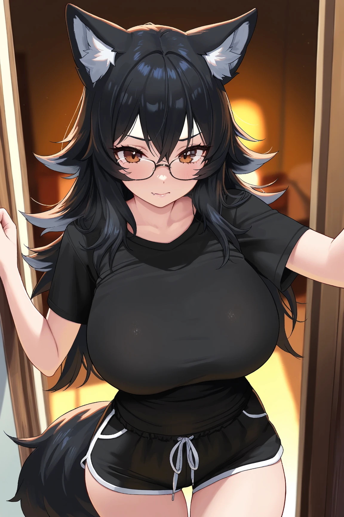 master-piece, bestquality, 1girls,16 years old, View viewers from the up, sit down, leaning forward, horny, HD, slight smile, big tits, cleavage, tights cloth, crop top, miniskirt, heart shape pupille, horns, tiny body, wear glasses, paizuri invitation, no bra