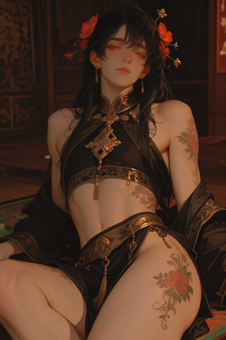 Young vampire girl sitting on a black fur blanket in lotus position, legs in the lotus position, open spread legs, nice belly, bare torso from below, Enigmatic smile, Eyes glow yellow in the darkness, Detailed drawing of the eyes, the face is bluish, the face of Polish ethnicity, Rune tattoos on the neck, Tattoo on the neck in the style of runes, black tattoo, Metal earrings, Graceful hands, Black Silk Educational Clothing, Sheer clothing, The finest fabric, Elegant clothes, Elastic open breasts are visible from under the clothes, beautiful breasts, small neat nipples, the body is bluish, Gentle pallor, Long hair to the ground, loose hairstyle, braided flowers in the hair, a small wreath of dark flowers, Dark hair, Sexy, model figure, inscrutability , Full Moon Background, Night Castle, The blue light of the moon, The room is furnished with mystical things, fantasy style, The best art, 真实感, delicate skin, Mysticism, detailing, good drawing of details, Harmonizing range, Living light, Uniform style, Best Art, Render, Good detail