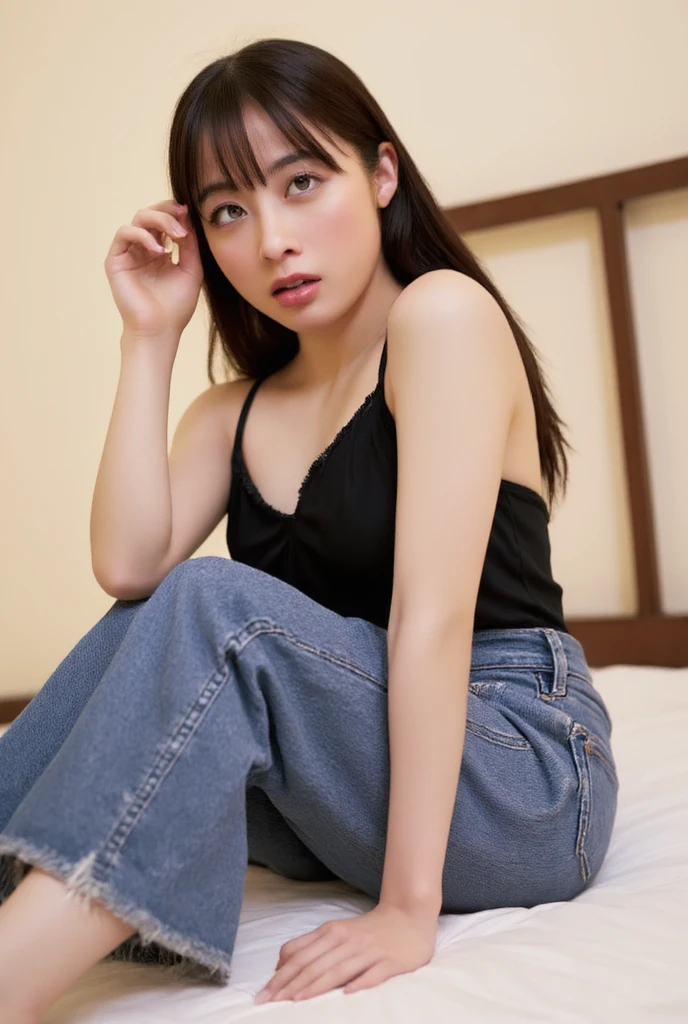 Open shirt, (((Leaning forward))), ((,Round face, Around 17 years old,mini skirt、A loose-fitting tank top)), Long Hair, , Natural Makeup, Lips become thicker, Sexy Gaze, barefoot, ((Raise one leg)), Shooting from below,Gentle expression ,((Extremely precise and accurate anatomy)), (masterpiece:1.43), Perfect proportions, Realistic photos, Full Shot, whole body,