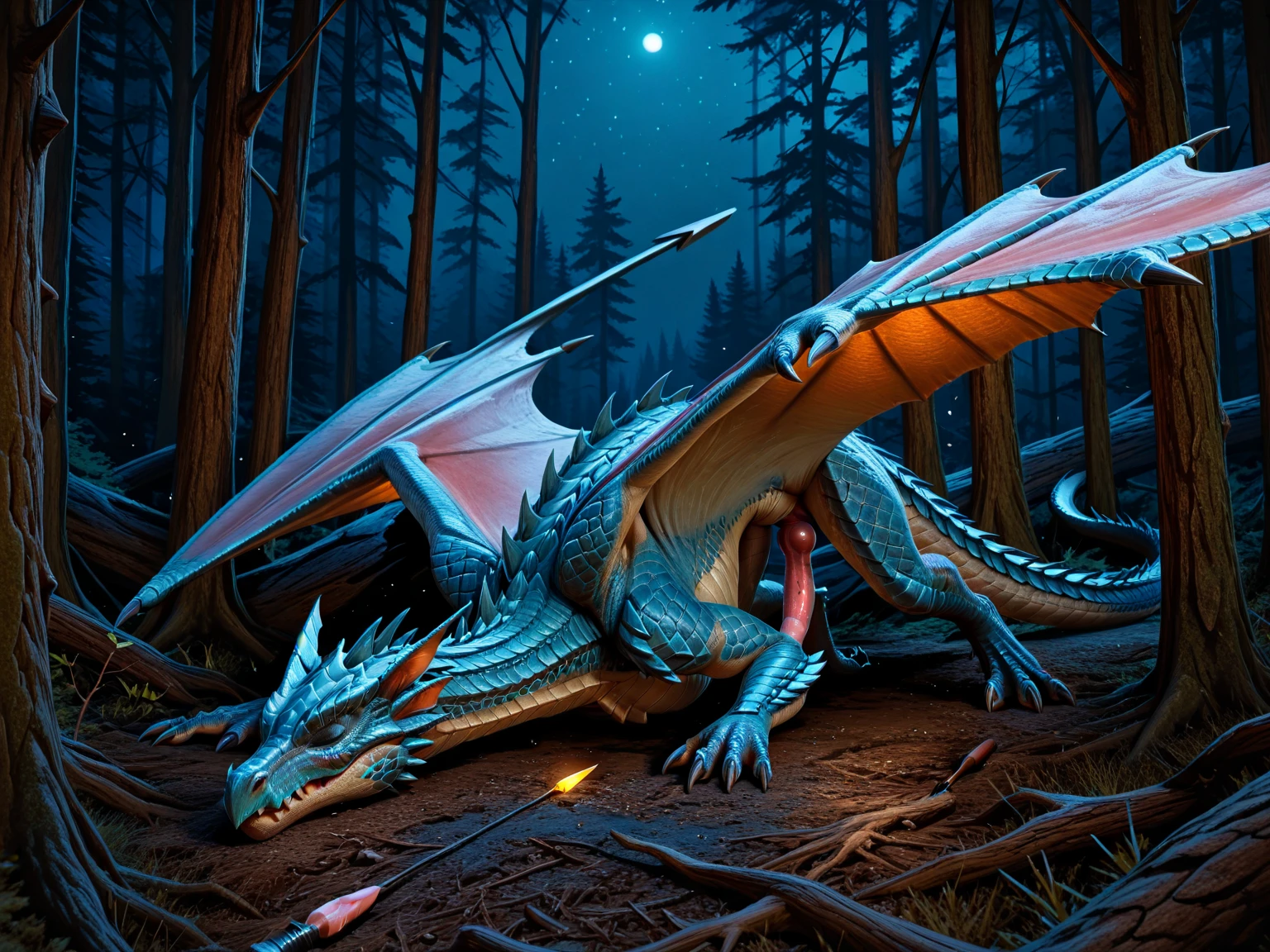 an extremely talented impressionist painting of mature AurothDOTA wyvern being put in stocks in a forest camp, tents, fallen tree, starry sky, night, bonfire, masterpiece, best quality, ultra-high-detailed, feral, female, quadripedal, detailed scales, slim body, athletic, curvy, light blue mane, uploaded on e621, nsfw, questionable content, scalie, wings, wyvern, small breats, flat chested, mouth full of cum, cum on muzzle, beaten, legs together, legs tied together tightly, bdsm, bound, shibari, bound torso, restrained, arms behind back,(((rope))),ripples, bound wings, tied up, rope, tape gagged, muzzled, cum in pussy, pussy stuffed with cum, creampie, after sex, tally marks on belly, unconscious, tired, defenseless, broken, after sex, broken rape victim, blindfold, after rape, post gangbang, raped by kobolds, cum everywhere, body covered in semen, weak, wooden stocks, mouth open, cum dripping from mouth