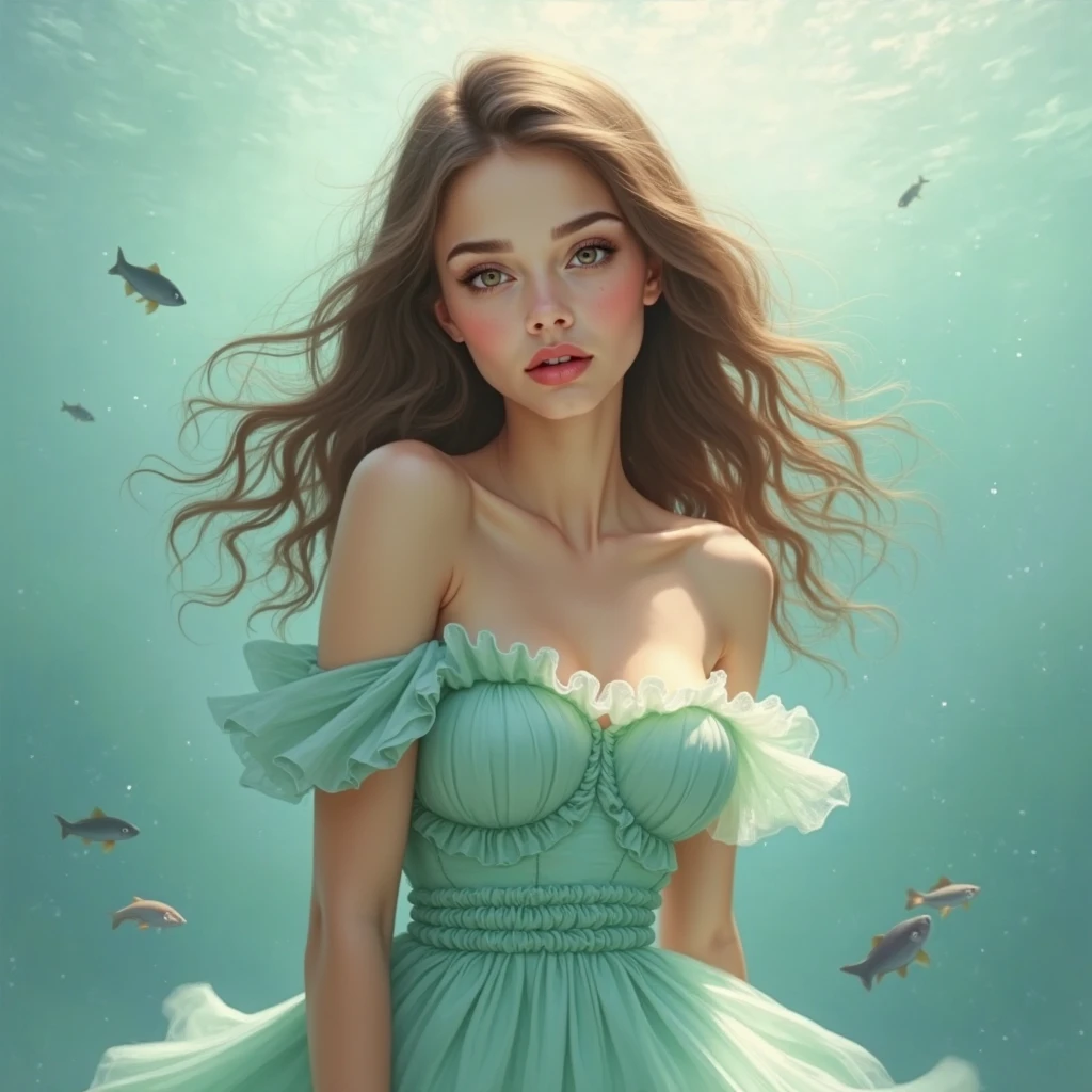 (THE MOST BEAUTIFUL GIRL IN THE WORLD), (AGE 14 YO), (LARGE BREASTS CAN NOT BE VIEWED BY VIEWER), (CLEAVAGE),A model, hyper realistic faces, goddess, she is wearing a beautiful long flowing vivid GREEN dress made entirely of GREEN Sea urchins and anemone tentacles, highly detailed portrait photography with depth of field, full body swirling ink ink art ral-exposure, subsurface scattering, Photorealistic, Hyperrealistic, analog style, realistic, film photography, soft lighting, heavy shadow