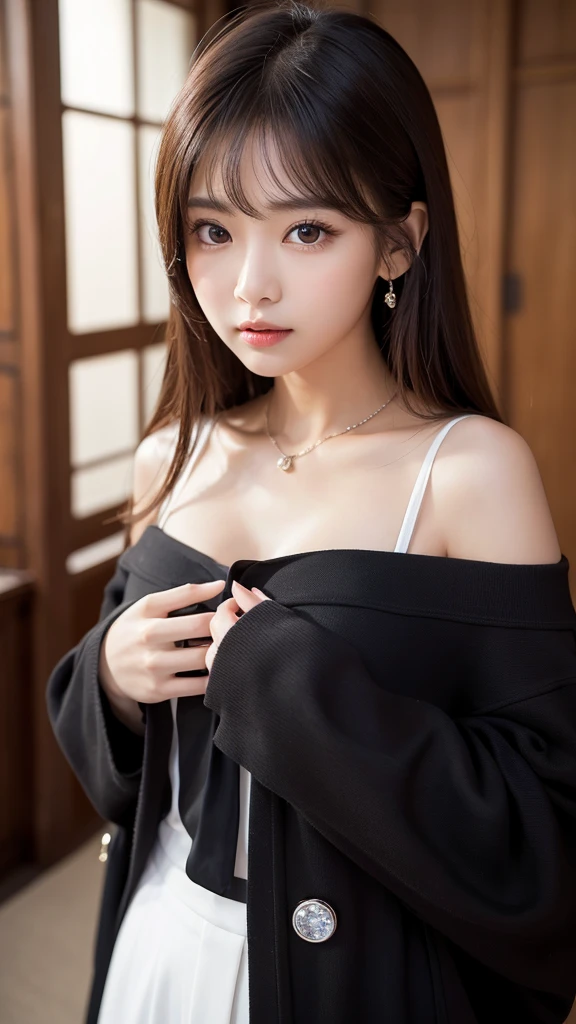 absurdres, RAW photo, extremely delicate and beautiful, masterpiece, Best Quality, ultra high resolution, 32k, hyperrealistic, ultra-detailed, perfect figure, in her 20s, very small head, very small face, delicate facial features, tearful mole, earring, ((very huge breasts)), ((full body shot)), medium hair, black hair, ((Korean school_uniform)), sleeveless, legs,